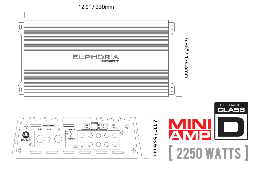 DB Drive Euphoria XPERT EX4.5 2250 Watt Full Range Class D 5 Channel Amp